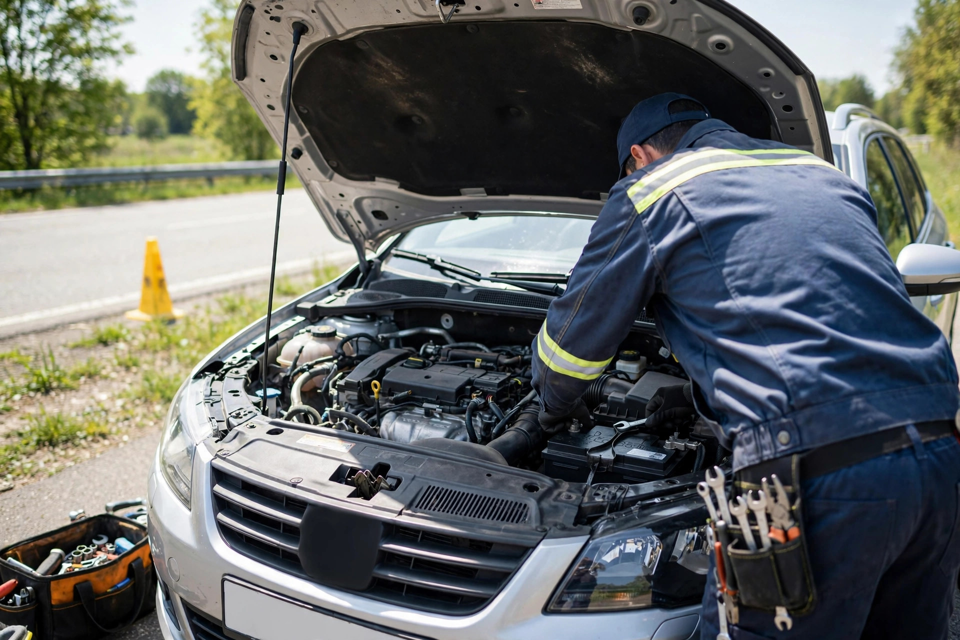 Technician installing a car battery