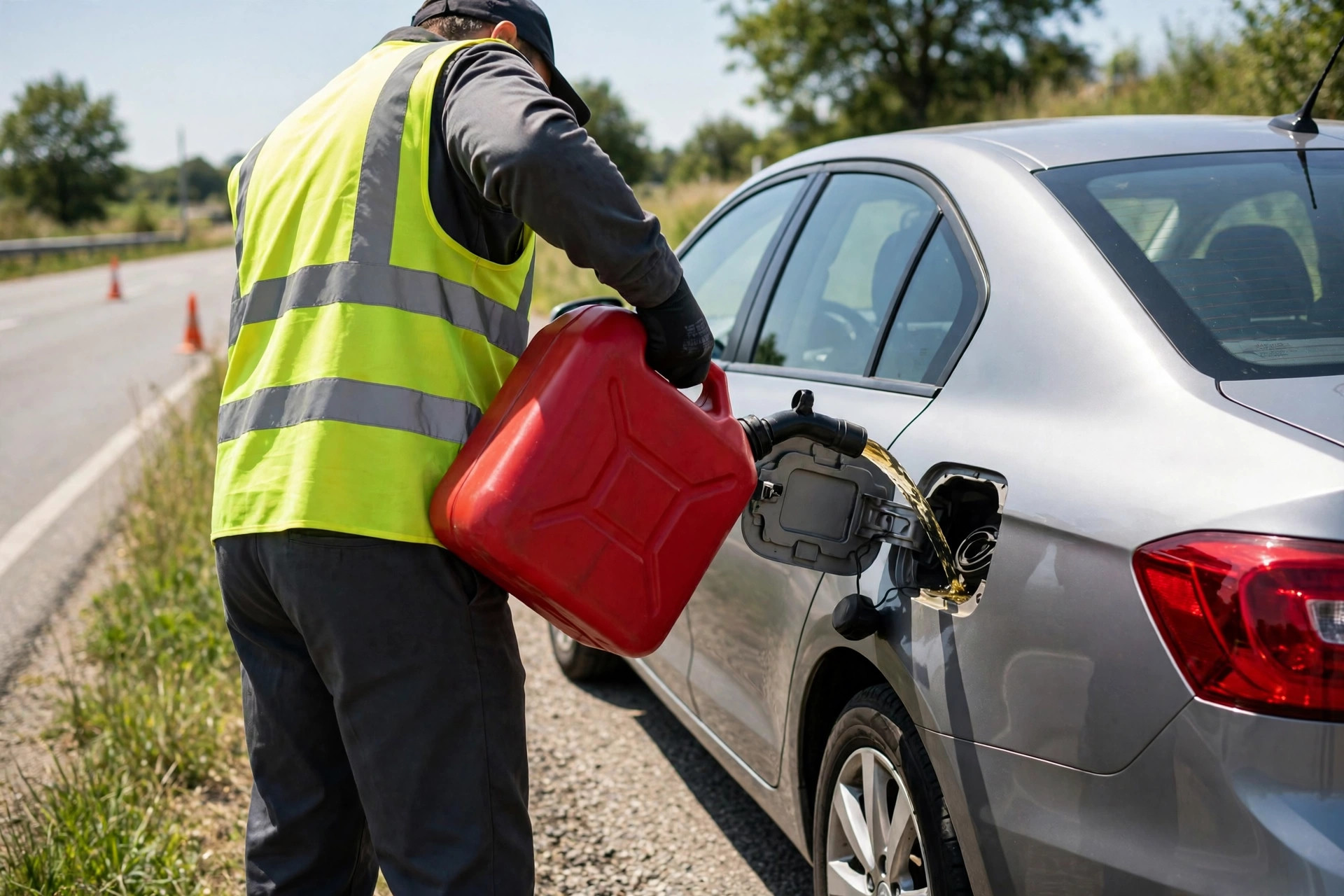 Technician delivering fuel to a car