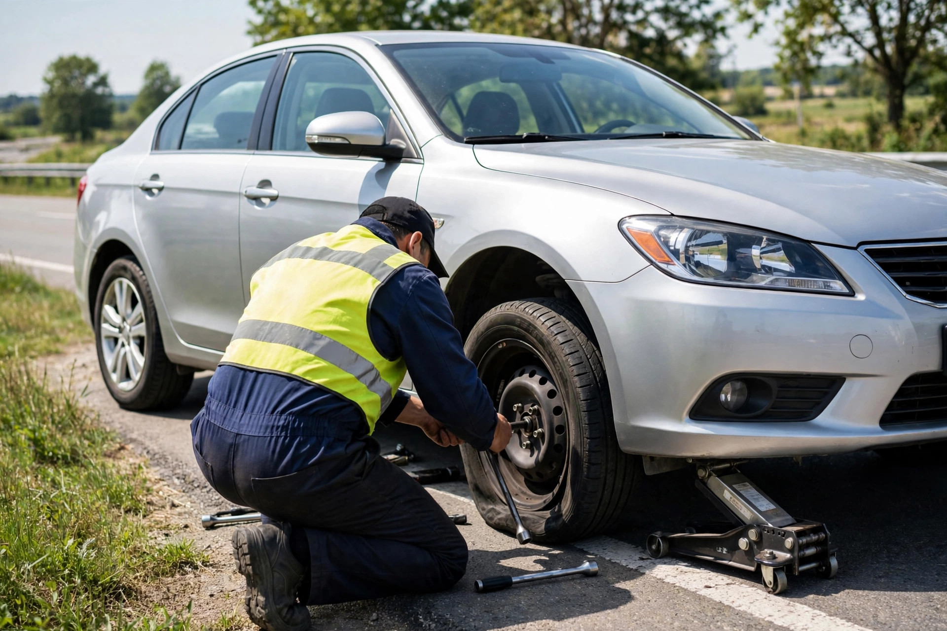 Technician changing a flat tire